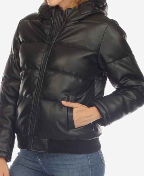 White Mark Women's Removable Furry Hoodie Bomber Leather Jacket - Black