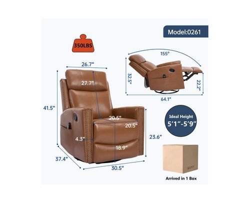 Casainc Genuine Leather Heat Massage Manual Recliner Chair with Rocker and Swivel - Dark orange