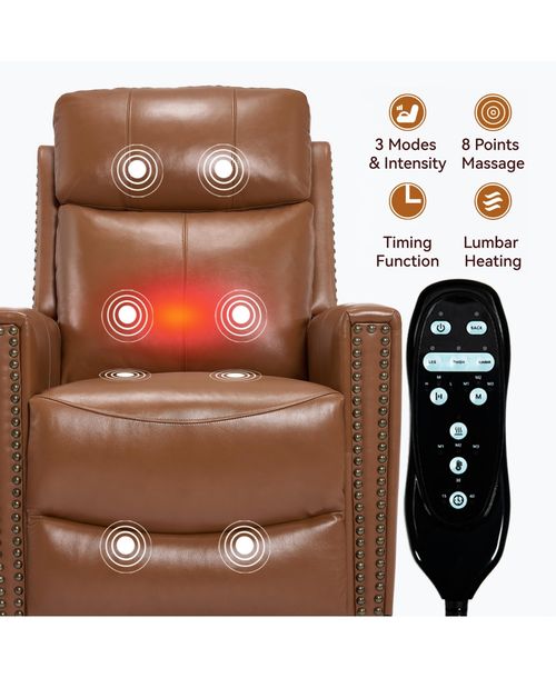 Casainc Genuine Leather Heat Massage Manual Recliner Chair with Rocker and Swivel - Dark orange