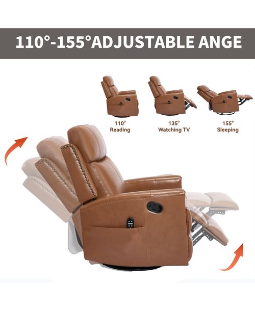 Casainc Genuine Leather Heat Massage Manual Recliner Chair with Rocker and Swivel - Dark orange