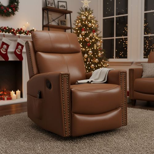 Casainc Genuine Leather Heat Massage Manual Recliner Chair with Rocker and Swivel - Dark orange