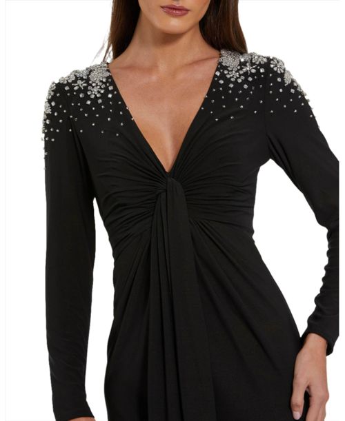 Mac Duggal Women's Jersey V Neck Faux Knot Gown With Beaded Shoulders - Black