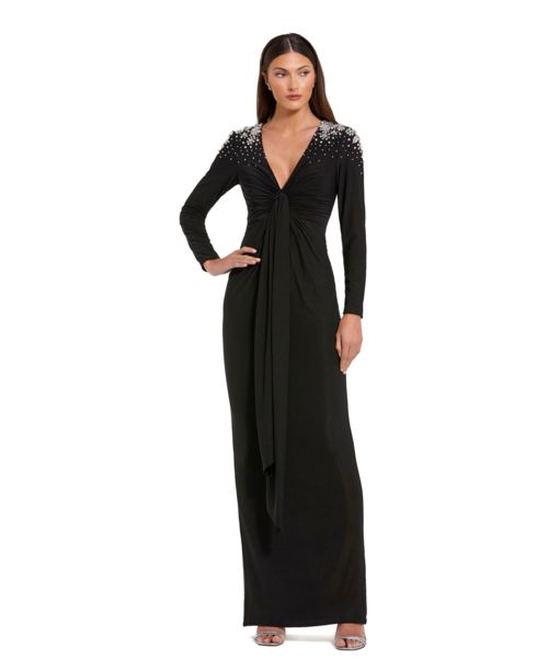 Mac Duggal Women's Jersey V Neck Faux Knot Gown With Beaded Shoulders - Black