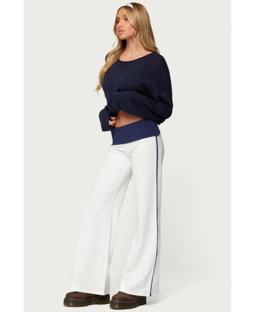 Edikted Women's 8 Contrast Fold Over Wide Leg Pants - White-and-navy