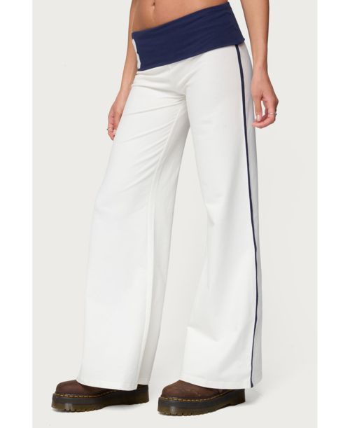 Edikted Women's 8 Contrast Fold Over Wide Leg Pants - White-and-navy