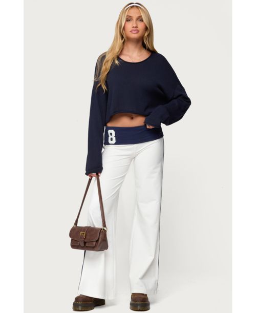 Edikted Women's 8 Contrast Fold Over Wide Leg Pants - White-and-navy