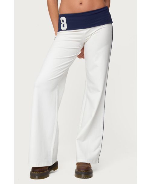 Edikted Women's 8 Contrast Fold Over Wide Leg Pants - White-and-navy