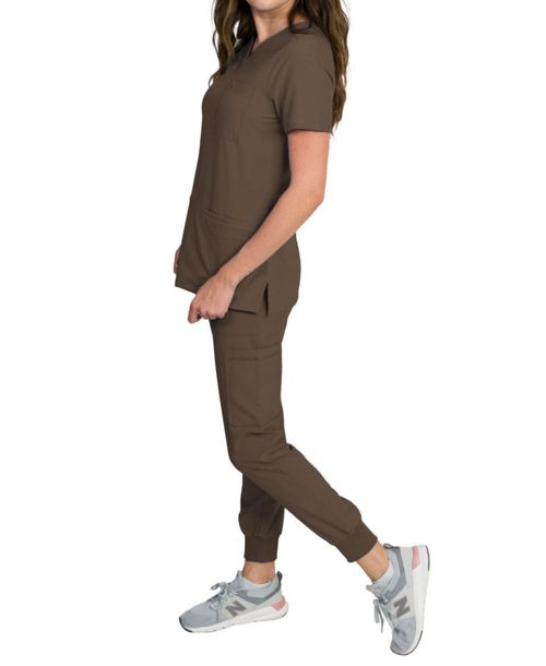 Medgear Women's Fleur Stretch Scrub Set with Zip Chest Pocket Top and Knit Rib Cuffs Jogger Pants - Espresso