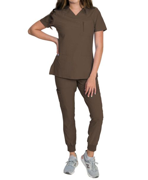 Medgear Women's Fleur Stretch Scrub Set with Zip Chest Pocket Top and Knit Rib Cuffs Jogger Pants - Espresso