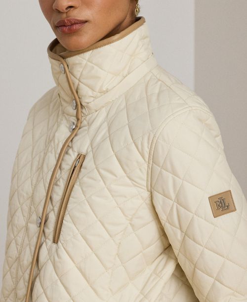Lauren Ralph Lauren Womens Hooded Quilted Faux-Suede-Trim Coat - Moda cream