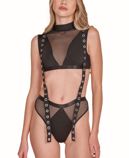 Hauty Women's 2PC Mock and Panty Lingerie Set Attached with Twill Straps and Working Silver Buckles - Black