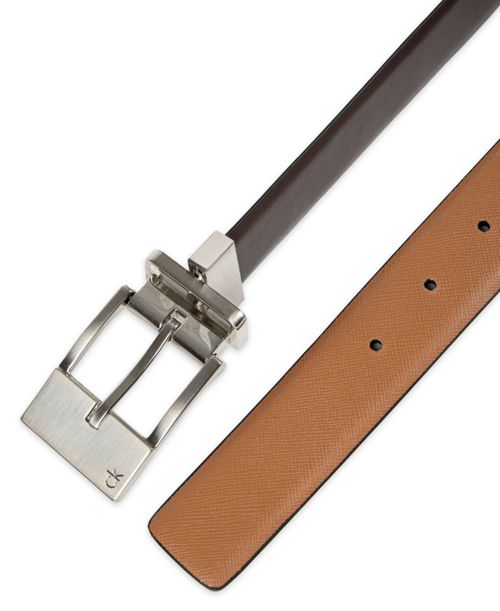 Calvin Klein Men's Elongated 2-In-1 Reversible Buckle Leather Dress Belt - Dark brown, Tan