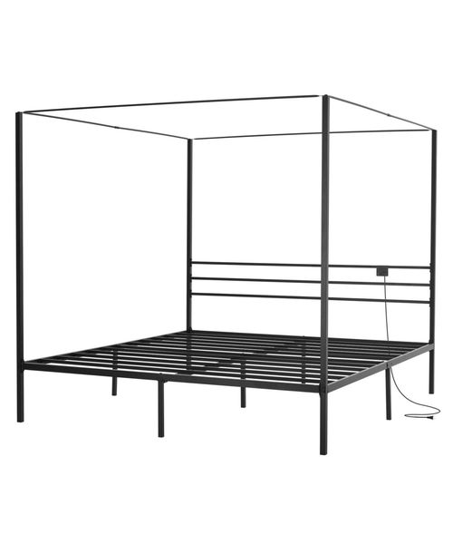 Slickblue Metal Canopy Bed with Charging Station and Four Poster Frame - Black