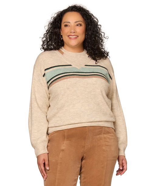 Democracy Plus Size Striped Band Detail V-Neck Sweater - Oatmeal/Pine Multi