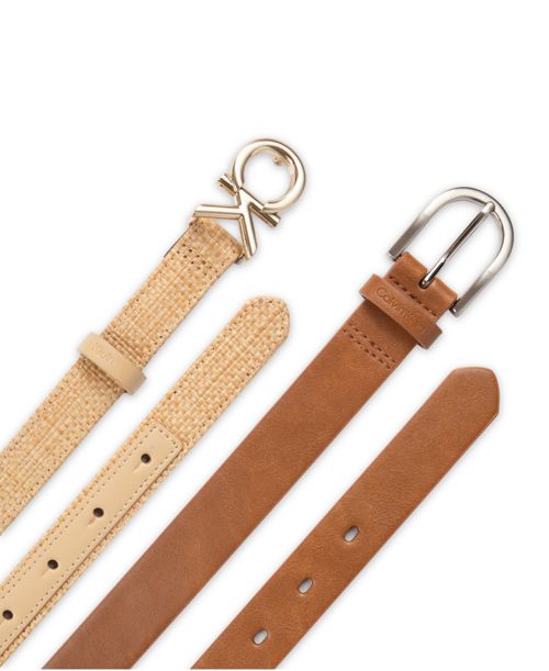 Calvin Klein Women's Two Pack Belt Set - Skinny Monogram Buckle Belt and Harness Buckle Belt Set - Cognac/Natural