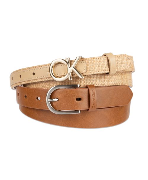 Calvin Klein Women's Two Pack Belt Set - Skinny Monogram Buckle Belt and Harness Buckle Belt Set - Cognac/Natural