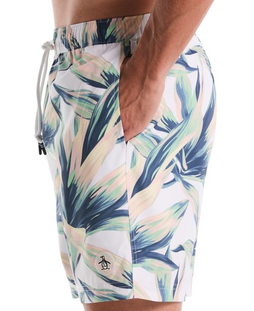 Original Penguin Men's Volley Succulent Print Elastic Waist Swim Trunk - Bright White