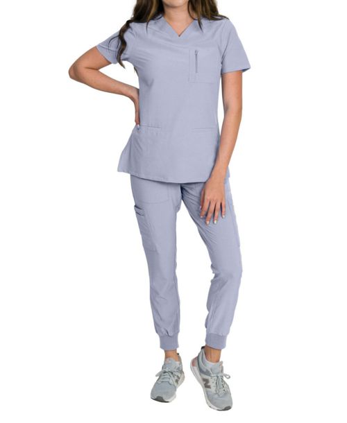 Medgear Women's Fleur Stretch Scrub Set with Zip Chest Pocket Top and Knit Rib Cuffs Jogger Pants - Glacial blue