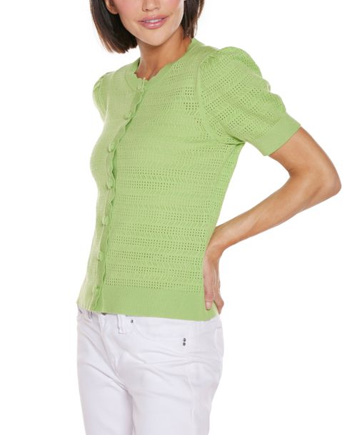 Belldini Women's Pointelle Scalloped Placket Cardigan Sweater - Pistachio
