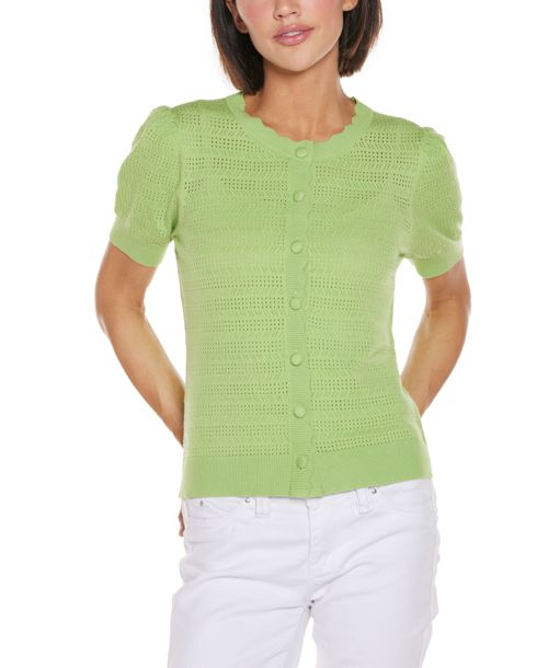 Belldini Women's Pointelle Scalloped Placket Cardigan Sweater - Pistachio