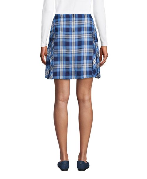 Lands' End Women's School Uniform Side Pleat Plaid Skort Above the Knee - Clear blue plaid