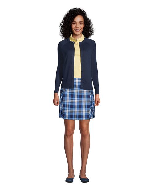 Lands' End Women's School Uniform Side Pleat Plaid Skort Above the Knee - Clear blue plaid