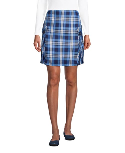 Lands' End Women's School Uniform Side Pleat Plaid Skort Above the Knee - Clear blue plaid