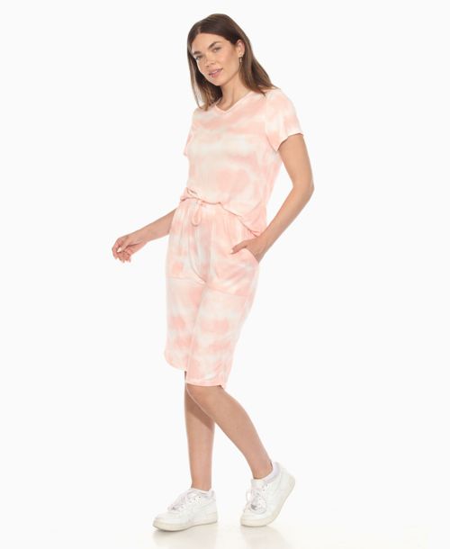 White Mark Women's Short Sleeve and Capri Lounge Set - Pink Tie Dye