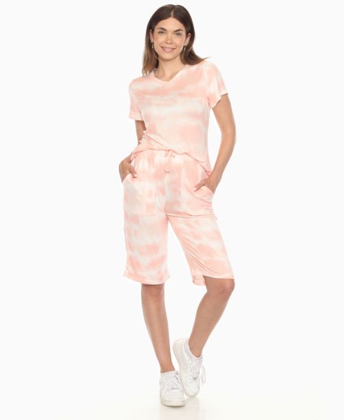 White Mark Women's Short Sleeve and Capri Lounge Set - Pink Tie Dye