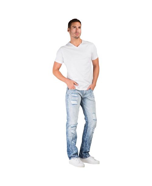 Level 7 Men's Slim Straight Leg Destroyed Mended Premium Denim Jeans - Blue horizon