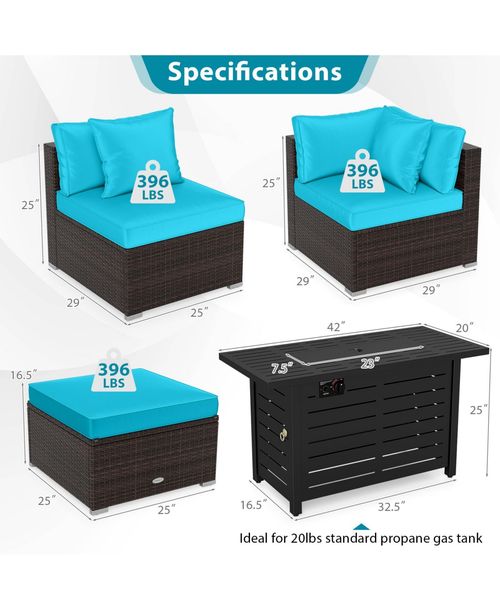 Gymax Set of 5 Patio Furniture Set Heavy-duty Frame Rattan Sofa Set w/ 60000 Btu Firepit Table - Turquoise/aqua