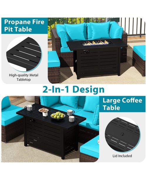 Gymax Set of 5 Patio Furniture Set Heavy-duty Frame Rattan Sofa Set w/ 60000 Btu Firepit Table - Turquoise/aqua