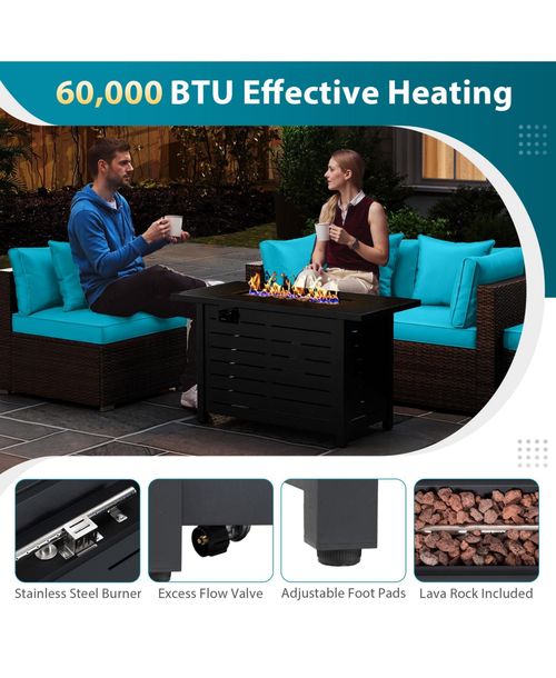 Gymax Set of 5 Patio Furniture Set Heavy-duty Frame Rattan Sofa Set w/ 60000 Btu Firepit Table - Turquoise/aqua