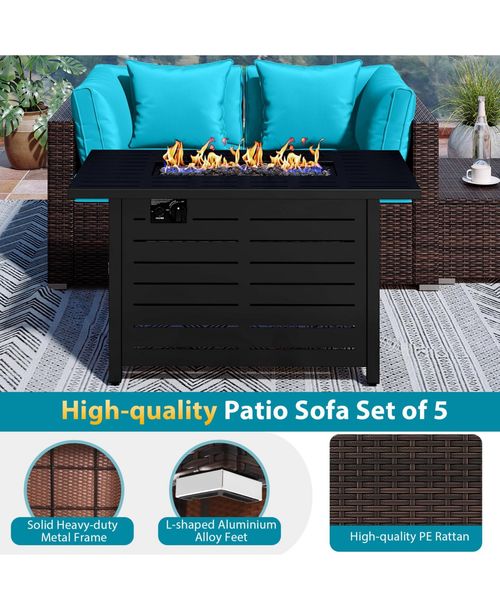 Gymax Set of 5 Patio Furniture Set Heavy-duty Frame Rattan Sofa Set w/ 60000 Btu Firepit Table - Turquoise/aqua