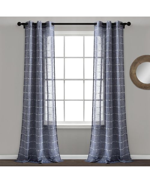 Lush Decor Farmhouse Textured Grommet Sheer Window Curtain Panels - Navy