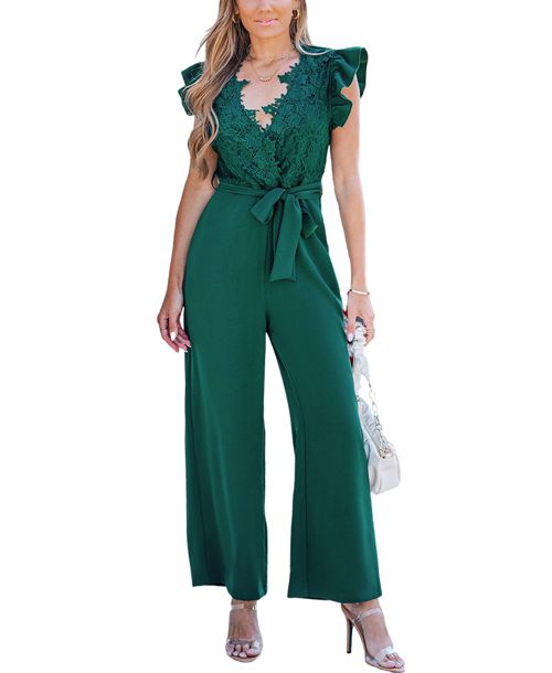Cupshe Women's Lace Ruffle Sleeve V-Neck Jumpsuit - Dark green
