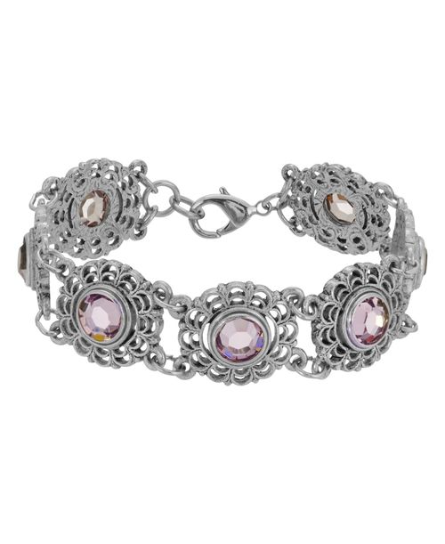 Silver-Tone Filigree Round Stone Bracelet - Purple