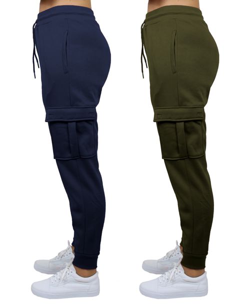 Galaxy By Harvic Women's Heavyweight Loose Fit Fleece Lined Cargo Jogger Pants Set, 2 Pack - Navy, Olive