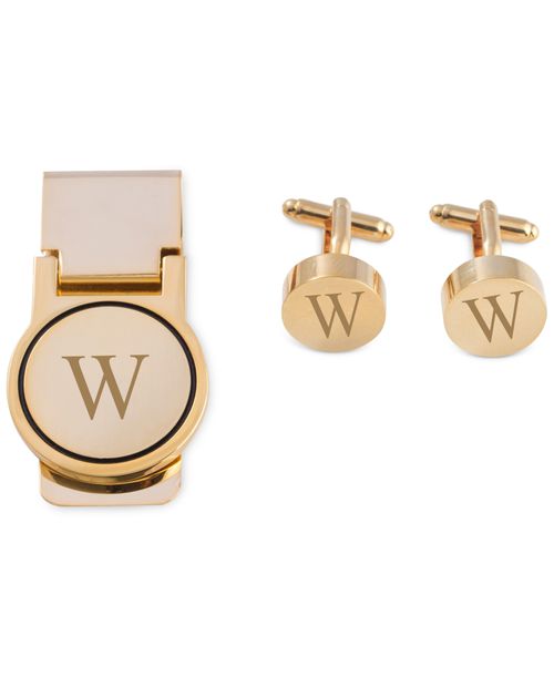 Bey-Berk Men's Gold-Tone Monogrammed Cuff Links & Money Clip Set - W