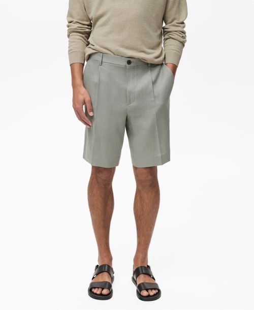 Mango Men's Linen Pleated Bermuda Shorts - Aqua Green