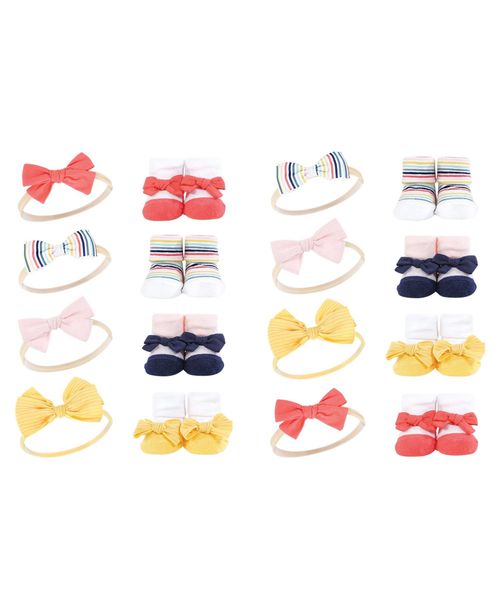 Hudson Baby Infant Girl 16Pc Headband and Socks - Coral stripe