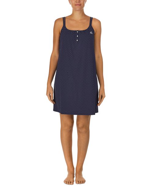 Lauren Ralph Lauren Cotton Knit Double-Strap Nightgown - Navy dot