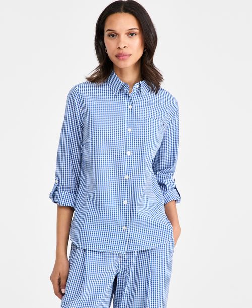 Tommy Hilfiger Women's Gingham Print Roll-Tab Shirt - Blue Orbit / Ecru Gingham