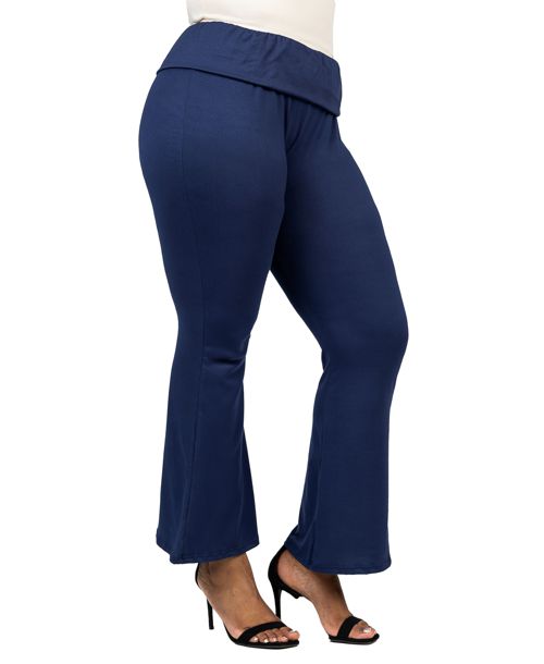 24seven Comfort Apparel Plus Size Black Bell Bottom Fold Over Waist Sweatpants - Navy