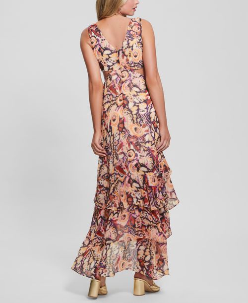 Guess Women's Ruffled High-Low Chiffon Maxi Dress - Multi