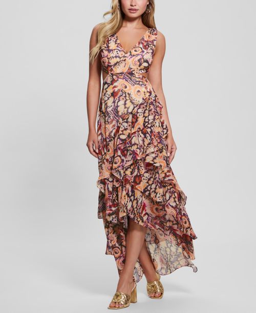 Guess Women's Ruffled High-Low Chiffon Maxi Dress - Multi