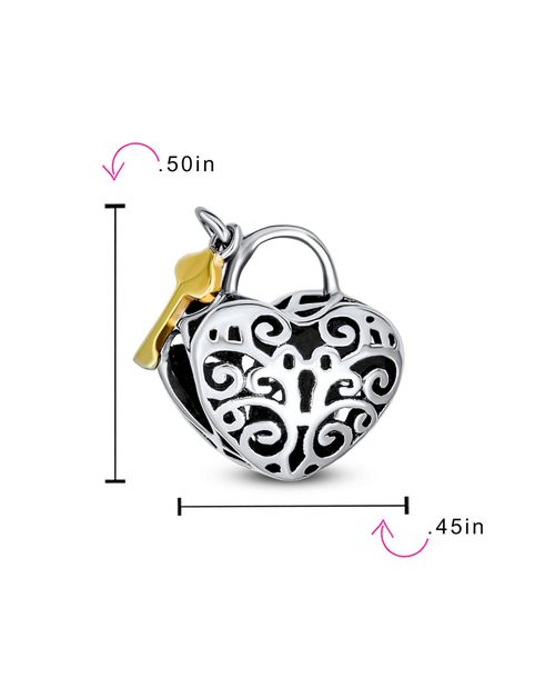 Bling Jewelry Two Tone Heart Filigree Lock & Key Charm Bead 14K Gold Plated Silver - Grey