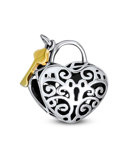 Bling Jewelry Two Tone Heart Filigree Lock & Key Charm Bead 14K Gold Plated Silver - Grey