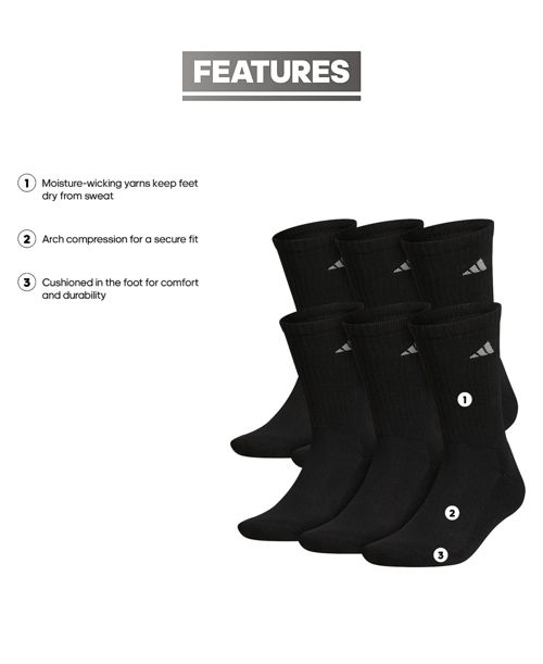 adidas Men's Cushioned Athletic 6-Pack Crew Socks - Black