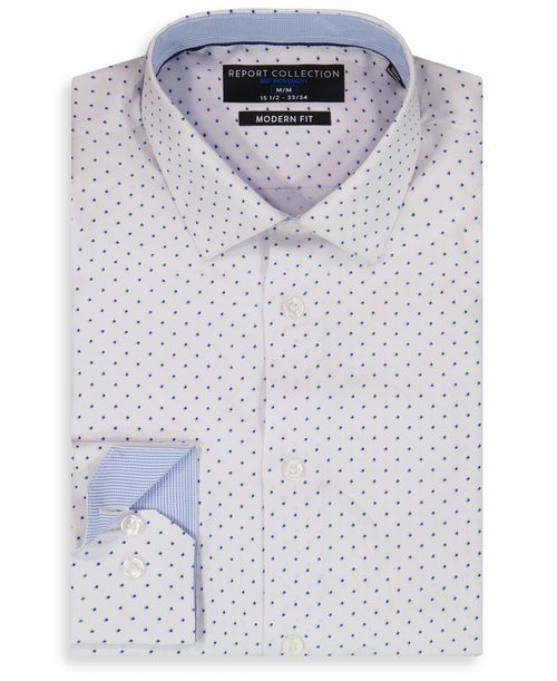 Report Collection Men's Long Sleeve 4-Way Dot Print Dress Shirt - White